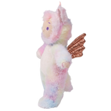 Side view of Cozy Dinkum Sunbeam doll in a pastel rainbow unicorn plush outfit on a white background.