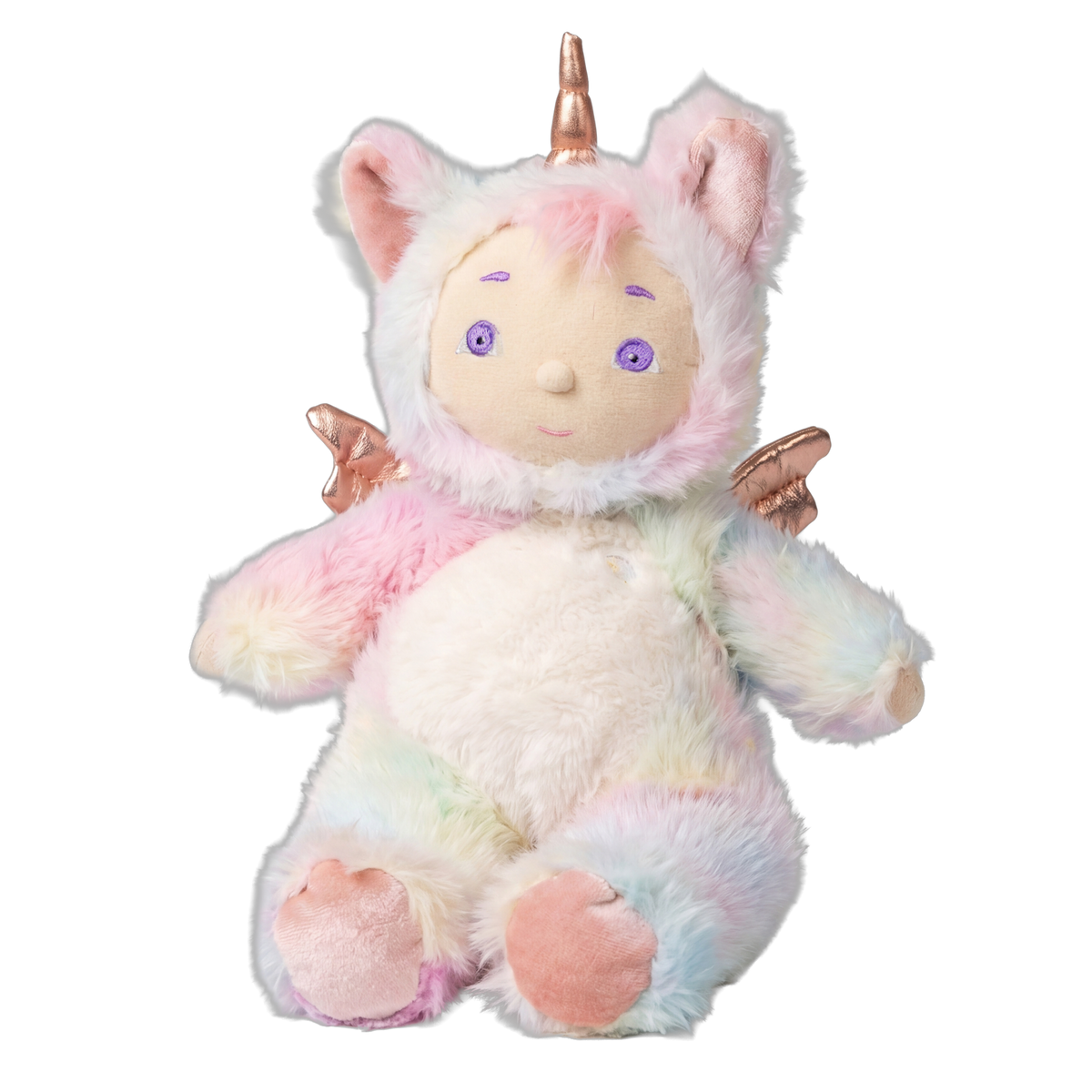 Sitting plush baby doll in a rainbow unicorn onesie costume with metallic horn and small wings.