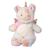 Sitting plush baby doll in a rainbow unicorn onesie costume with metallic horn and small wings.