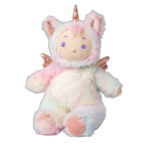 Sitting plush baby doll in a rainbow unicorn onesie costume with metallic horn and small wings.