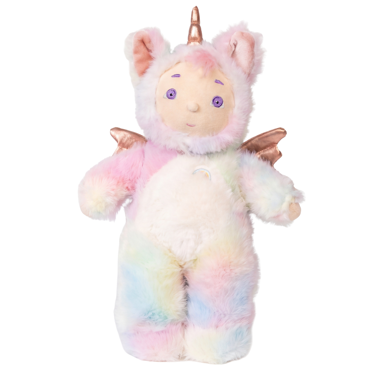 Olli Ella Cozy Day Dinkum Doll Sunbeam in pastel tie-dye plush unicorn outfit with rose gold wings.
