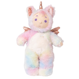Olli Ella Cozy Day Dinkum Doll Sunbeam in pastel tie-dye plush unicorn outfit with rose gold wings.