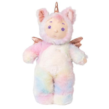 Olli Ella Cozy Day Dinkum Doll Sunbeam in pastel tie-dye plush unicorn outfit with rose gold wings.