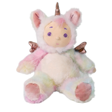 Plush baby doll in a rainbow unicorn onesie costume with metallic horn and small wings.