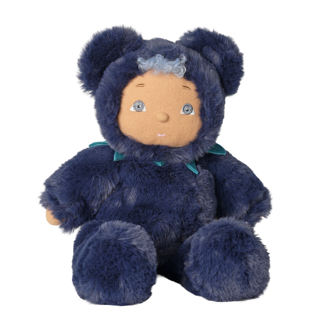 Olli Ella Cozy Dinkum Blueberry Bear plush doll sitting on a white background.