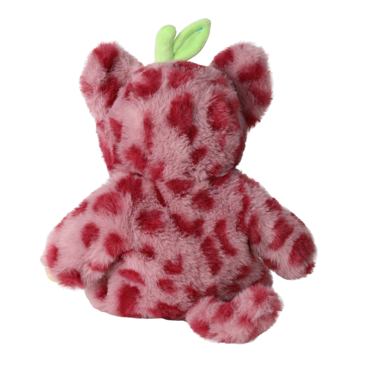 Back view of Olli Ella Cozy Dinkum Doll Cherry Cheetah in a pink spotted plush suit with green leaves.