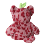 Back view of Olli Ella Cozy Dinkum Doll Cherry Cheetah in a pink spotted plush suit with green leaves.