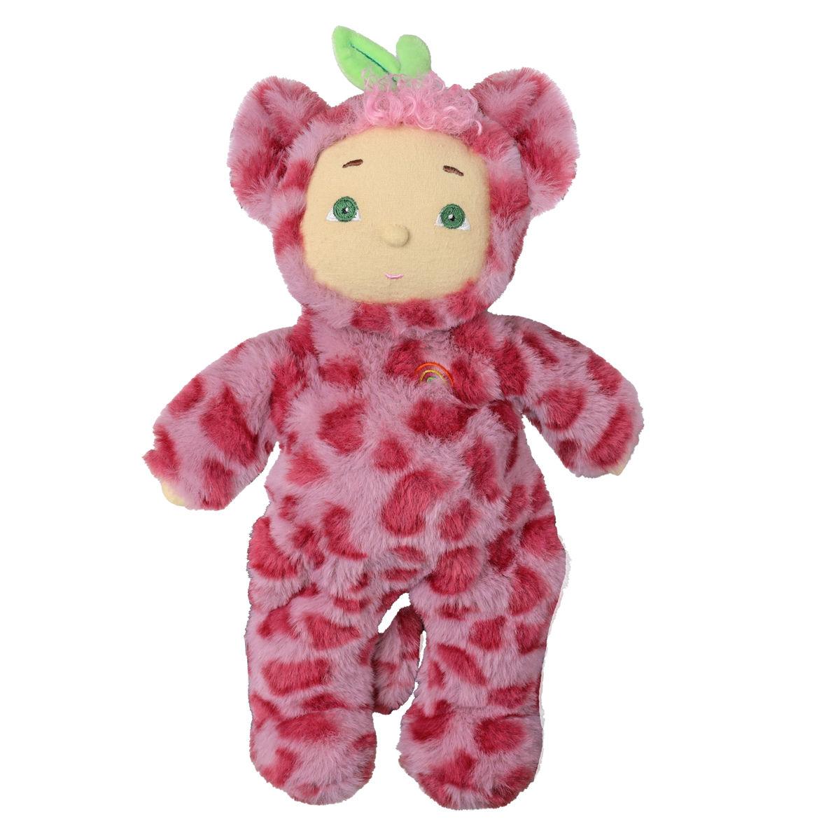Olli Ella Cozy Dinkum Cherry Cheetah plush doll standing on a white background.