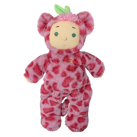 Olli Ella Cozy Dinkum Cherry Cheetah plush doll standing on a white background.