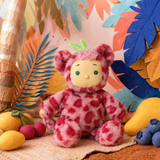 Olli Ella Cozy Dinkum Cherry Cheetah plush doll sitting with colorful toy fruit.