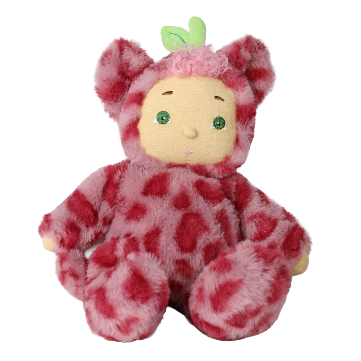 Olli Ella Cozy Dinkum Doll Cherry Cheetah in a pink spotted plush suit with green leaf details.