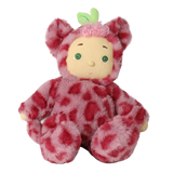 Olli Ella Cozy Dinkum Doll Cherry Cheetah in a pink spotted plush suit with green leaf details.