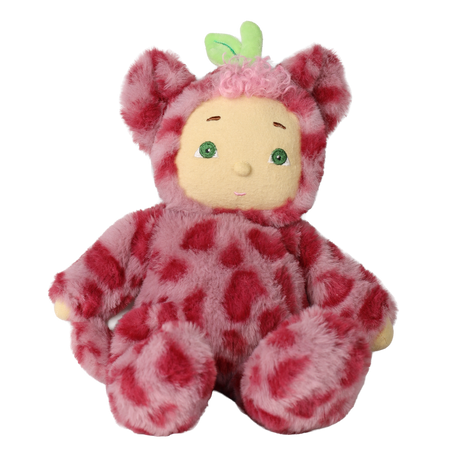 Olli Ella Cozy Dinkum Doll Cherry Cheetah in a pink spotted plush suit with green leaf details.
