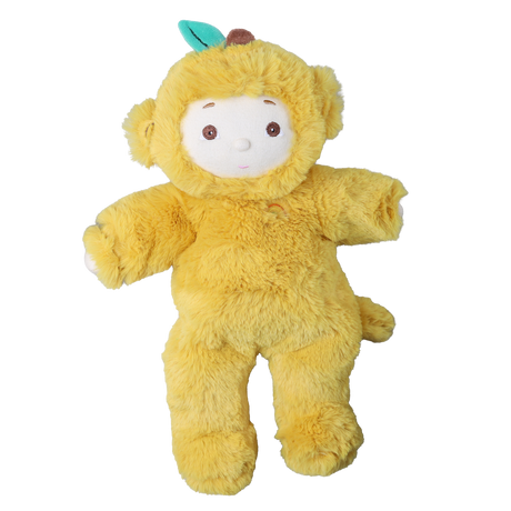 Front view of Olli Ella Cozy Dinkum Mango Monkey yellow plush doll against a white background.