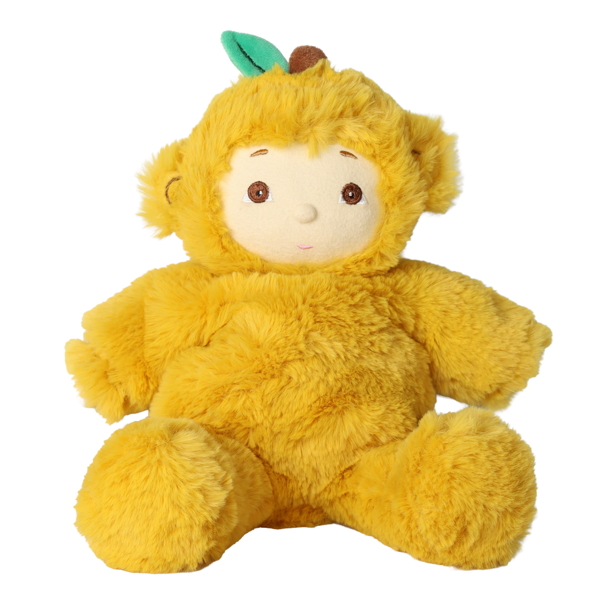 Olli Ella Cozy Dinkum Doll Mango Monkey in a yellow plush suit with a green leaf.