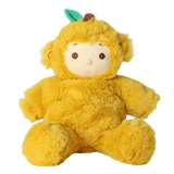 Olli Ella Cozy Dinkum Doll Mango Monkey in a yellow plush suit with a green leaf.