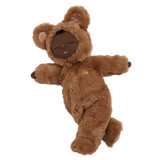 Cozy Dinkum Teddy Mini Caramel plush doll in a fluffy brown bear outfit.