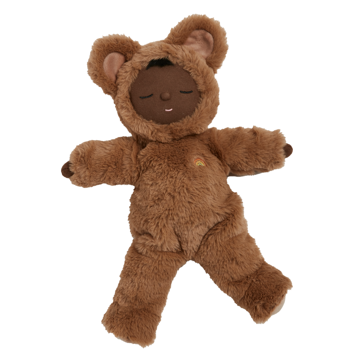 Plush Olli Ella Cozy Dinkum Teddy Mini Caramel doll with sleeping face and rainbow embroidery.