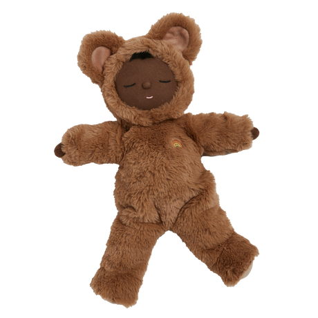 Plush Olli Ella Cozy Dinkum Teddy Mini Caramel doll with sleeping face and rainbow embroidery.