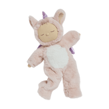 Olli Ella Cozy Dinkum Doll Unicorn Sugarpie in a pink plush suit with a purple horn.