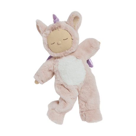 Olli Ella Cozy Dinkum Doll Unicorn Sugarpie in a pink plush suit with a purple horn.