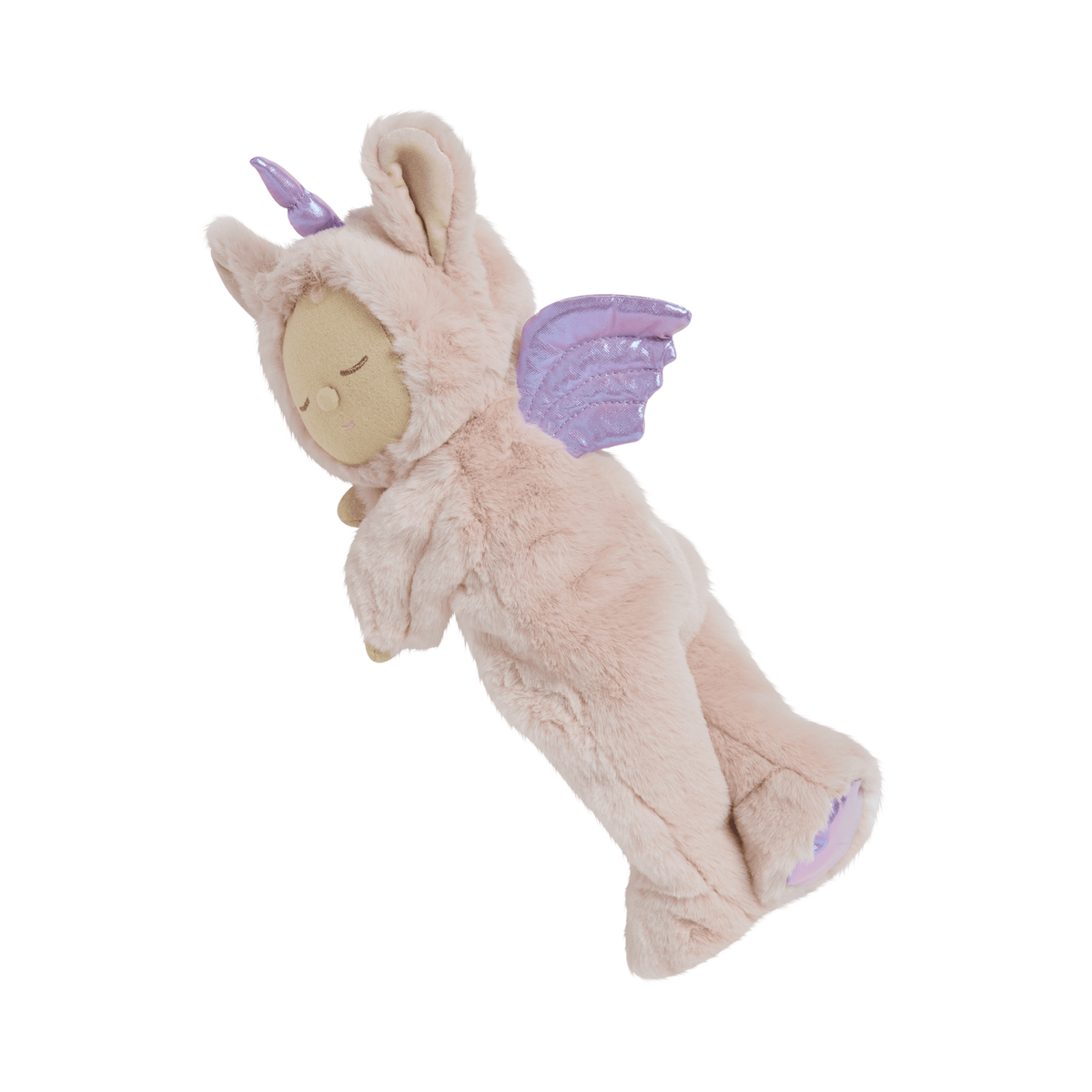 Side profile of Olli Ella Cozy Dinkum Doll Unicorn Sugarpie showing purple wings and horn.