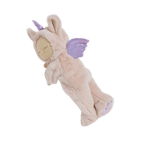 Side profile of Olli Ella Cozy Dinkum Doll Unicorn Sugarpie showing purple wings and horn.