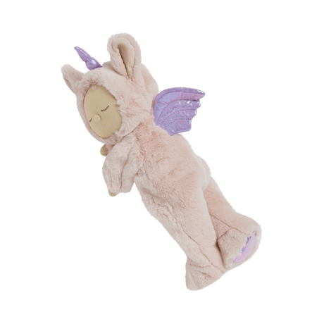 Side profile of Olli Ella Cozy Dinkum Doll Unicorn Sugarpie showing purple wings and horn.