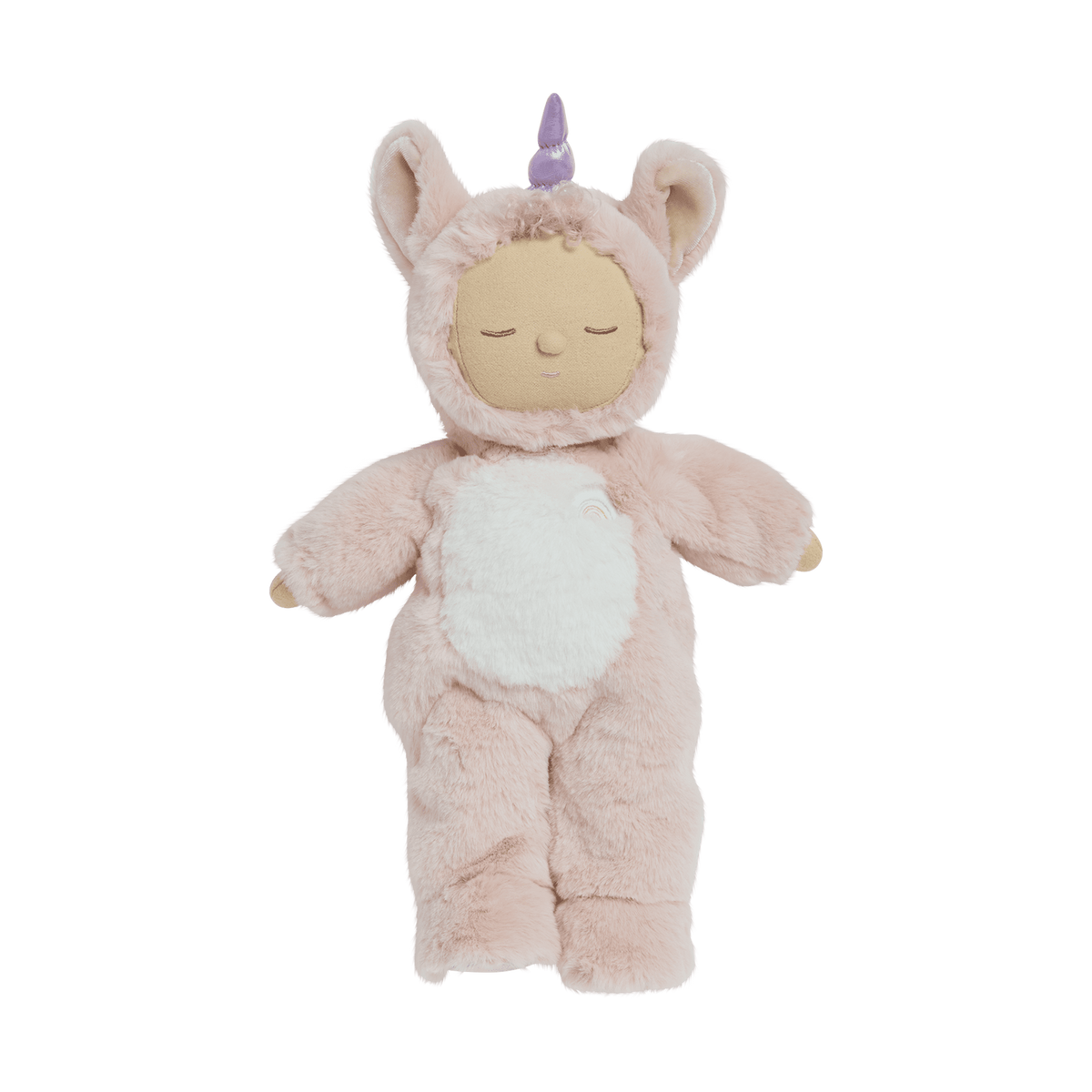 Olli Ella Cozy Dinkum Doll Unicorn Sugarpie in a pink plush suit with a purple horn.
