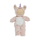 Olli Ella Cozy Dinkum Doll Unicorn Sugarpie in a pink plush suit with a purple horn.
