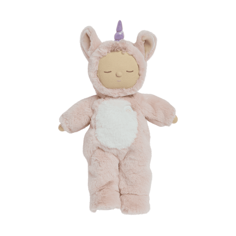 Olli Ella Cozy Dinkum Doll Unicorn Sugarpie in a pink plush suit with a purple horn.