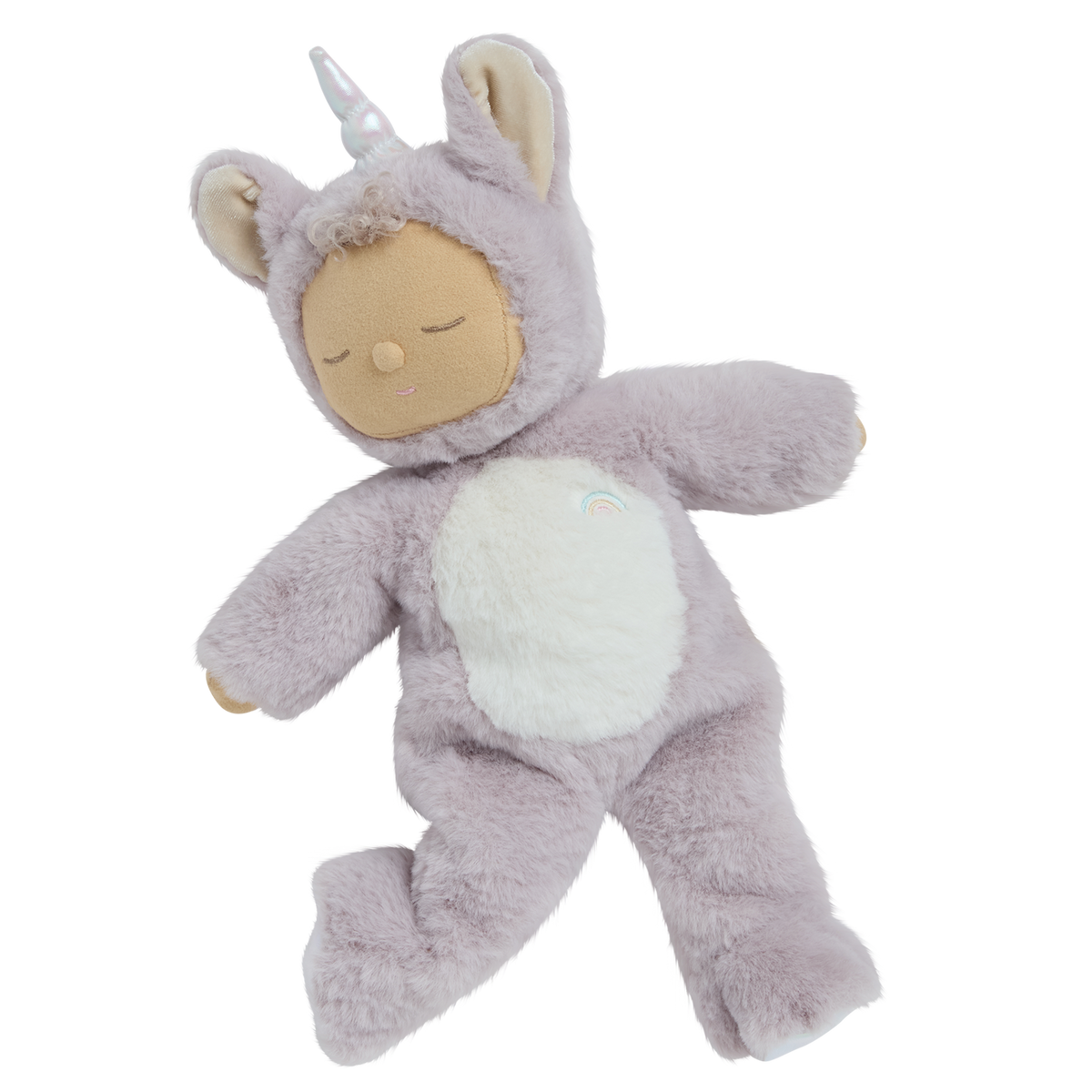 Olli Ella Cozy Dinkum Unicorn Sweetpea doll in a plush purple and white outfit.