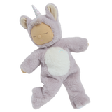 Olli Ella Cozy Dinkum Unicorn Sweetpea doll in a plush purple and white outfit.