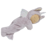 Olli Ella Cozy Dinkum Sweetpea Unicorn plush doll lying down, showing its soft purple suit and wings.