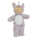 Olli Ella Cozy Dinkum Sweetpea Unicorn plush doll with a soft purple suit and white horn.