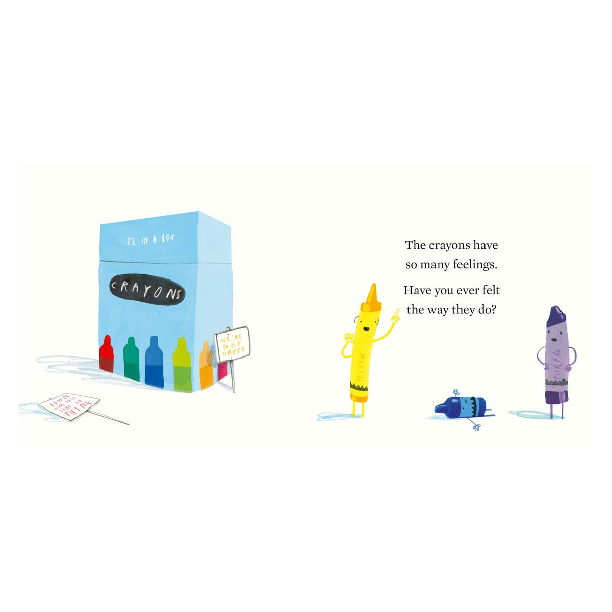 Children's book illustration of a crayon box and anthropomorphic crayons with the text "The crayons have so many feelings."