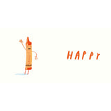 An orange crayon character waves with a wide smile next to the word HAPPY in textured, hand-lettered orange text.