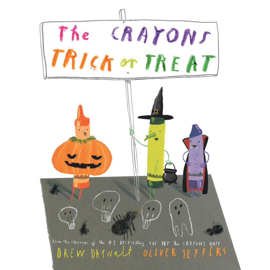 Halloween-themed book cover titled "The Crayons Trick or Treat" with crayon characters in costumes. A pumpkin, witch, and vampire stand on a dark ground with skulls and spiders.