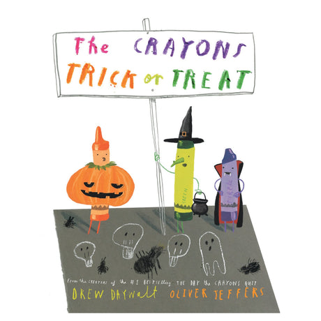 Cover of the children's book "The Crayons Trick or Treat" by Drew Daywalt and Oliver Jeffers with crayons in costumes.