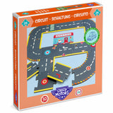 Puzzle box for a toy road circuit set. The box is orange, featuring a road layout graphic with colorful traffic signs and a garage illustration.