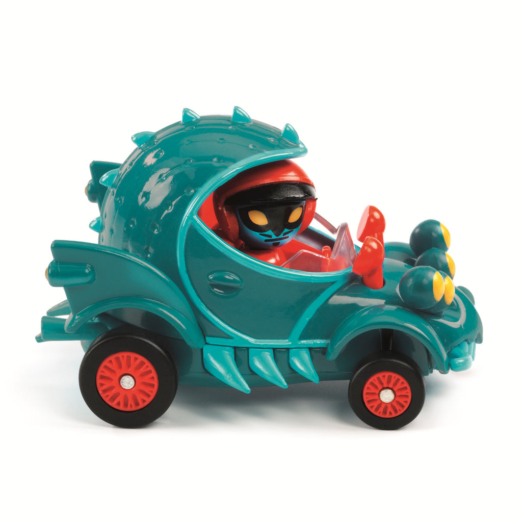 A colorful toy car resembling a cactus, featuring a driver in red with black sunglasses, sitting in a playful, whimsical design.