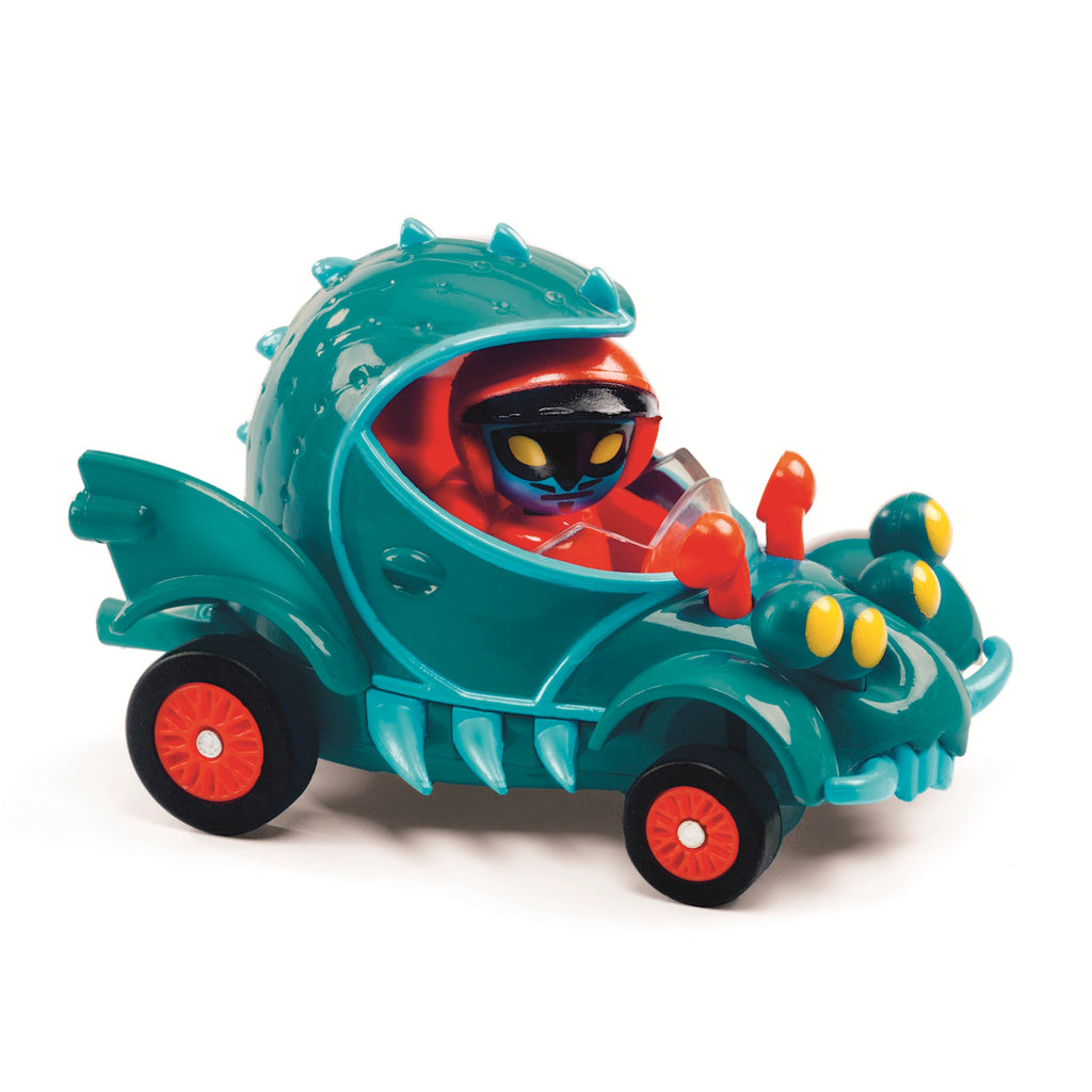 A colorful toy car resembling a cactus, featuring a driver in red with black sunglasses, sitting in a playful, whimsical design.