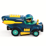 A colorful toy car with a blue body, yellow accents, and green wheels, featuring a futuristic design with an open cockpit.