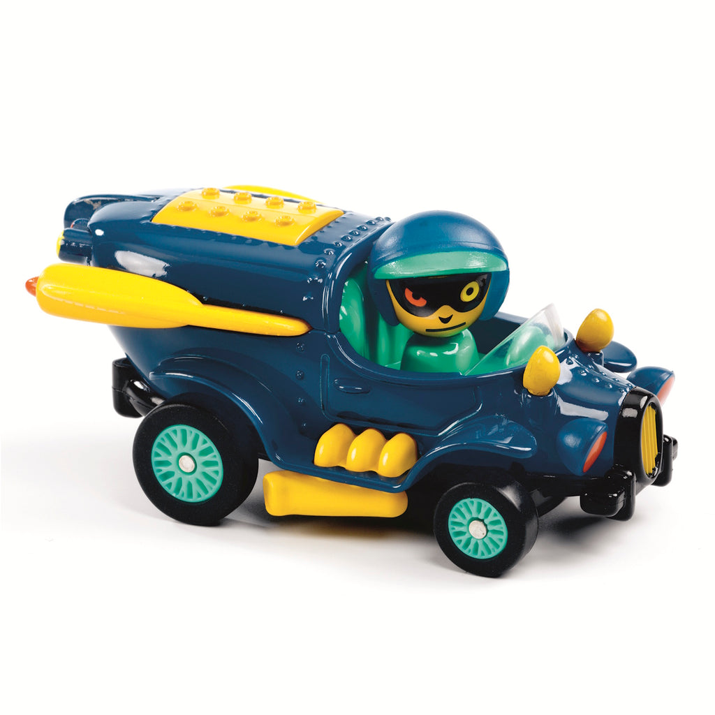 A colorful toy car with a blue body, yellow accents, and green wheels, featuring a futuristic design with an open cockpit.