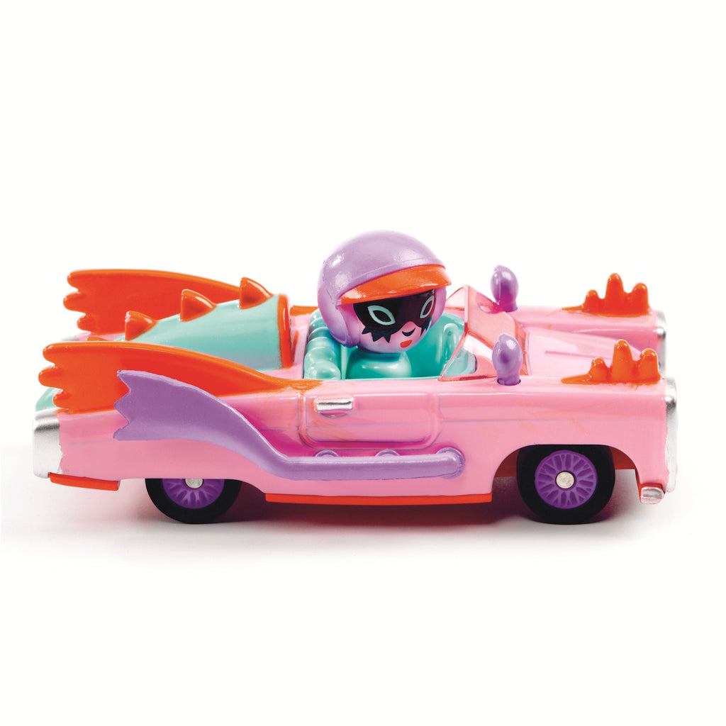 A colorful, toy convertible car in pink and green with oversized fins and a playful design, suitable for kids' imaginative play in a white background.
