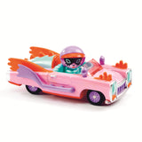 A colorful, toy convertible car in pink and green with oversized fins and a playful design, suitable for kids' imaginative play in a white background.