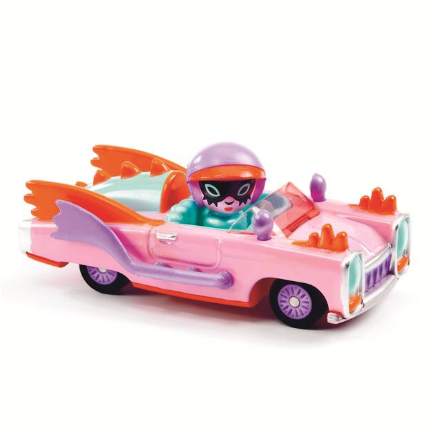 A colorful, toy convertible car in pink and green with oversized fins and a playful design, suitable for kids' imaginative play in a white background.