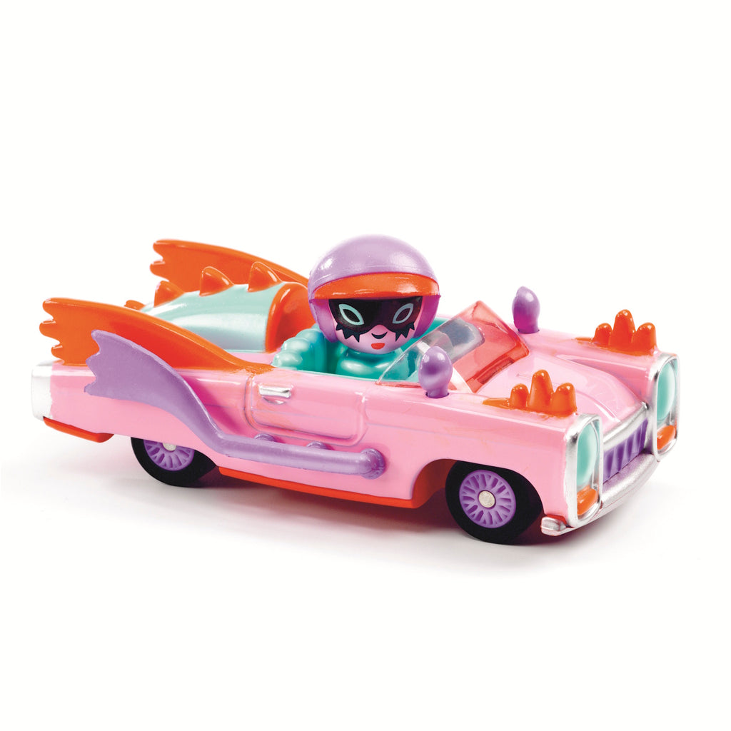 A colorful, toy convertible car in pink and green with oversized fins and a playful design, suitable for kids' imaginative play in a white background.