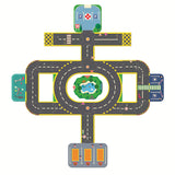 The puzzle showcases a bustling city scene with various imaginative vehicles, including cars, trucks, and other unique modes of transportation, all adorned with colorful designs.