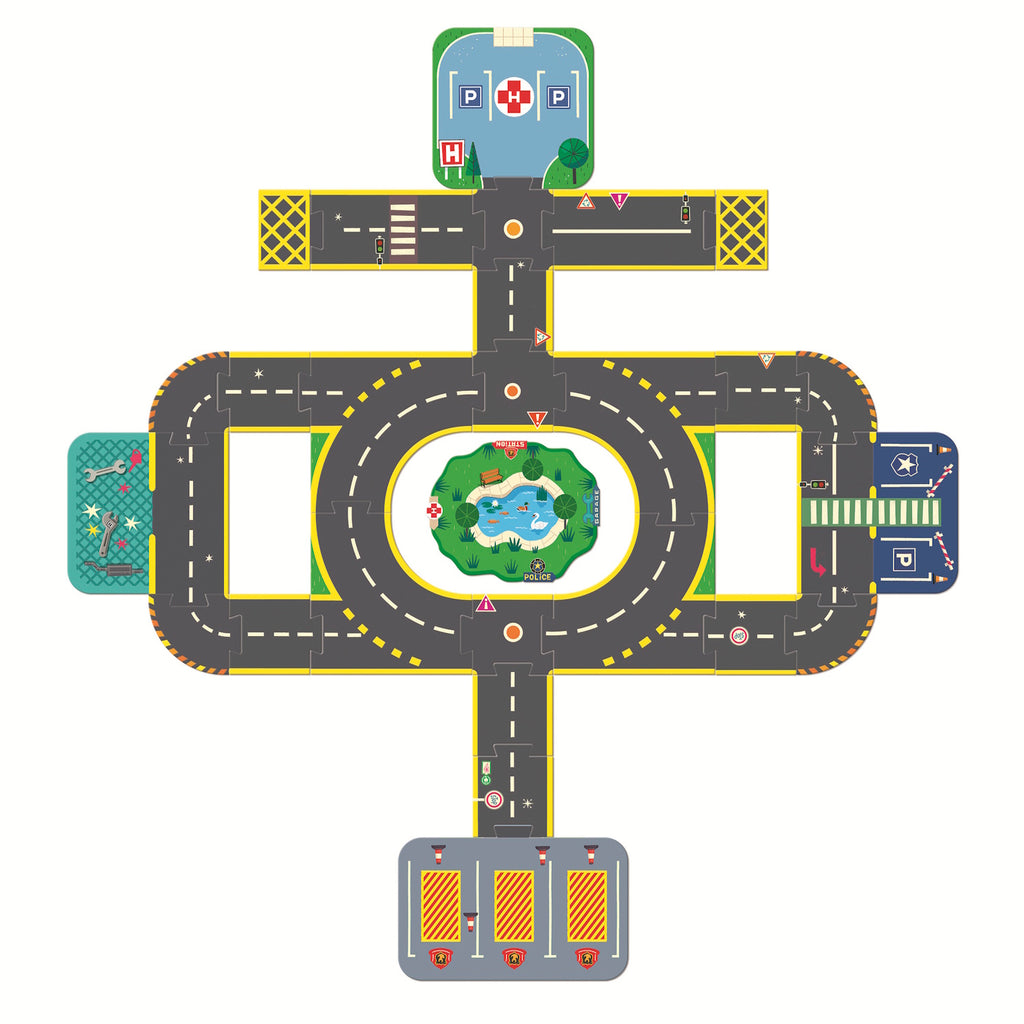 The puzzle showcases a bustling city scene with various imaginative vehicles, including cars, trucks, and other unique modes of transportation, all adorned with colorful designs.